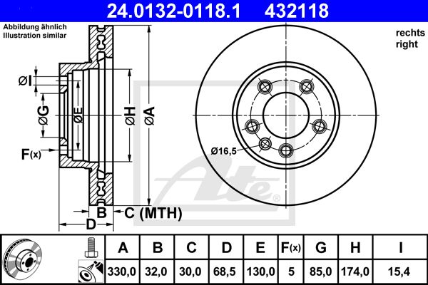 Диск тормозной передний R AUDI Q7 06->/Cayenne/Touareg all FRONT R /D=330mm ATE 24.0132-0118.1