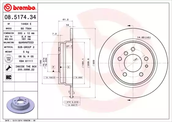 Диск тормозной задний BMW E34 /D=300mm BREMBO 08.5174.34