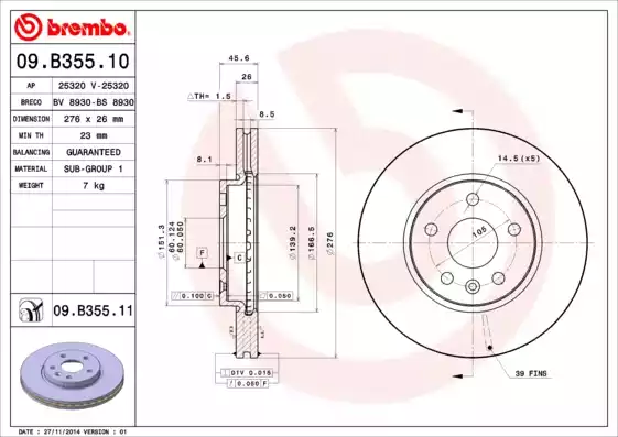 Диск тормозной передний CHEVROLET Cruze 09- BREMBO 09.B355.10