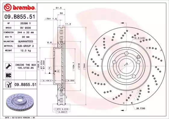 Диск тормозной передний с перфорацией BREMBO 09.B855.51