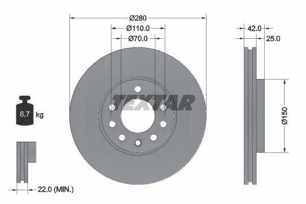 Диск тормозной передний с покрытием PRO CHEVROLET/HOLDEN/OPEL/VAUXHALL TEXTAR 92091903