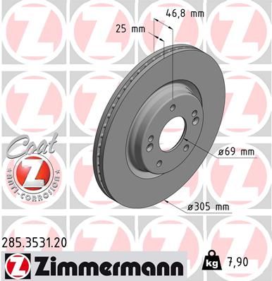 Диск тормозной передний с покрытием COAT Z HYUNDAI i30/Tucson 15-> / KIA Sportage 15-> ZIMMERMANN 285.3531.20