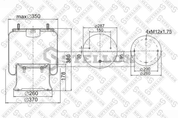 90-02851-SX_пневмоподушка со стак.!2шпильки М12x1.75 1штуцер М22x1.5\ Schmitz/Weweler