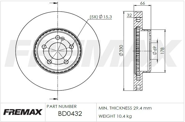 BD0432_Диск тормозной передний Mercedes C-class (W205) C300 15->, E-class (W213) 200-2