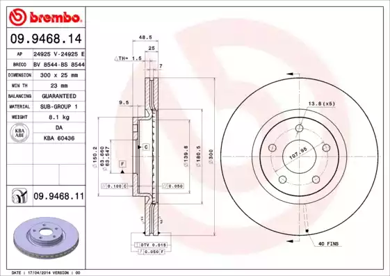 09.9468.11_диск тормозной передний! 16' wheel\ Volvo S40/V50 1.8/2.4/2.5/2.0TD 04>