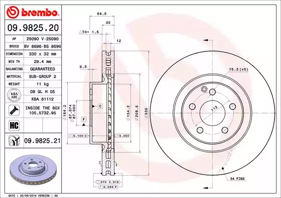 09.9825.21_диск тормозной передний!\ MB W211/S211/C219/X204 3.0-5.0/3.2CDi/4.0CDi 02>