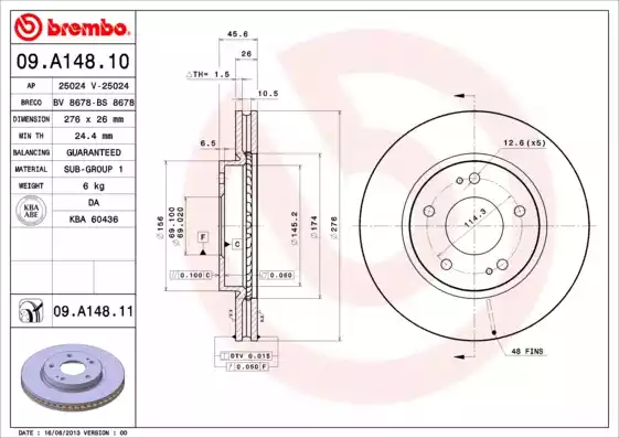 09.A148.11_диск тормозной передний! с покрытием\ Mitsubishi Airtrek/Spase Runner 2.0i/2.4GDi 00-07