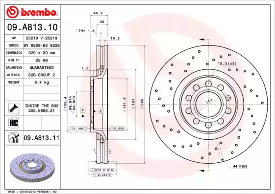 09.A813.11_диск тормозной передний перфорированный!\ Audi A4 2.0-3.0TDi 04>