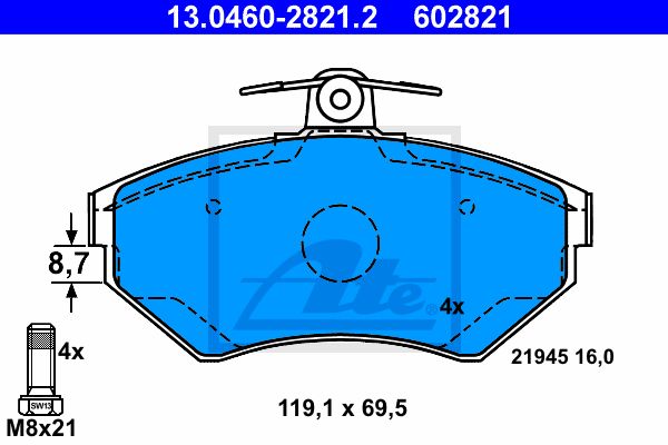 13.0460-2821.2_=631 00=224746 !колодки дисковые п.\ VW Caddy/Polo, Seat Toledo/Ibiza 1.4-1.9TDi 95>