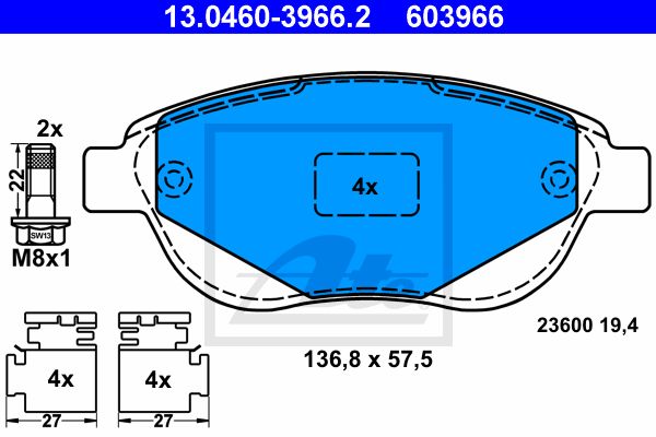 13.0460-3966.2_=852 000B-SX=573031B !колодки дисковые п.\ Peugeot 307, Citroen Xsara 1.6-2.0/HDi 00>