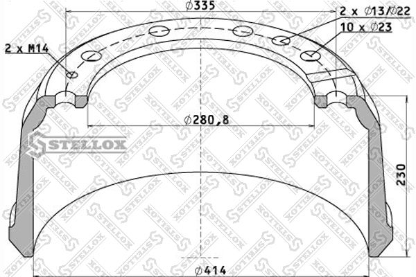 85-00020-SX_барабан тормозной !задн. 414x175/182 H=230 d=280.8/335 n10x25+n2x13/22+n2xM14 \RVI