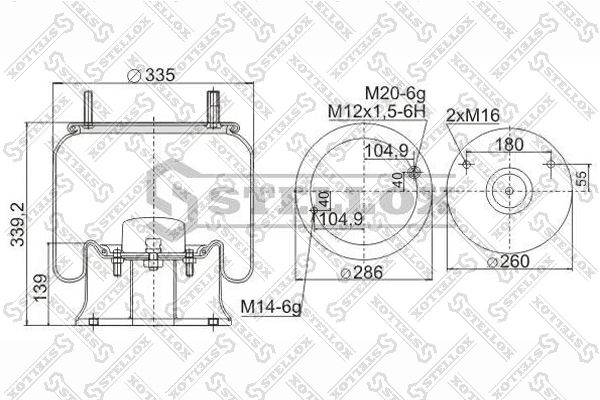 90-91305-SX_пневмоподушка со стак.!1 шп. M14 1 шп-штуцер М20 снизу 2 отв М16 \Kaiser