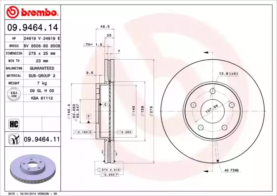 09.9464.11_диск тормозной передний! 15' wheel\ Volvo S40/V50 1.8/2.4/2.5/2.0TD 04>