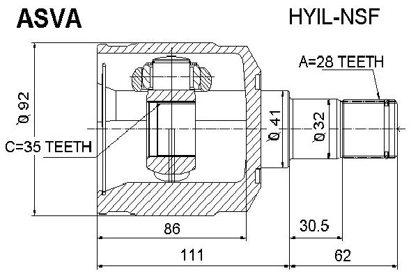 ШРУС внутренний левый 35x41x28 HYUNDAI SANTA FE 2006-2008 2,7 5MT/4AT 2WD/4WD ASVA HYIL-NSF