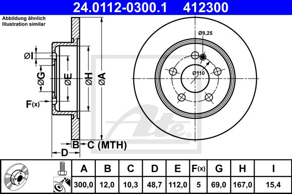 Диск тормозной MB C(W205) 14- задн.300 мм. ATE 24011203001