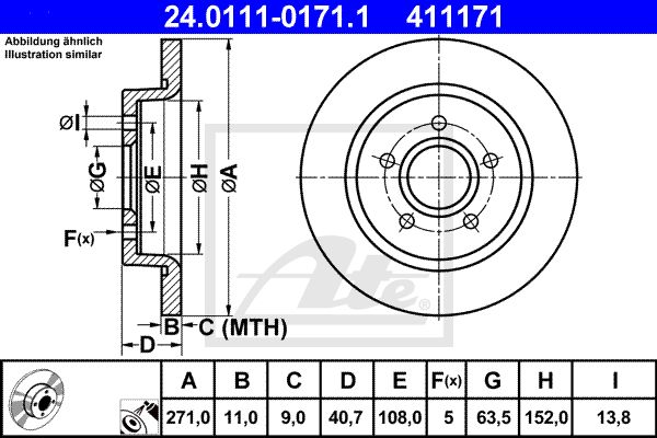 Диск тормозной задний FORD Focus III 2011-> /D=270mm ATE 24.0111-0171.1