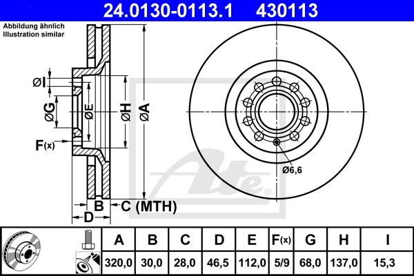 Диск тормозной передний AUDI A4/A6/Allroad 1.8T…4.2L all 97->/Vent D=320mm ATE 24.0130-0113.1