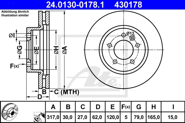 Диск тормозной передний LAND ROVER Discovery III 2.7 TD 10/04-> ATE 24.0130-0178.1